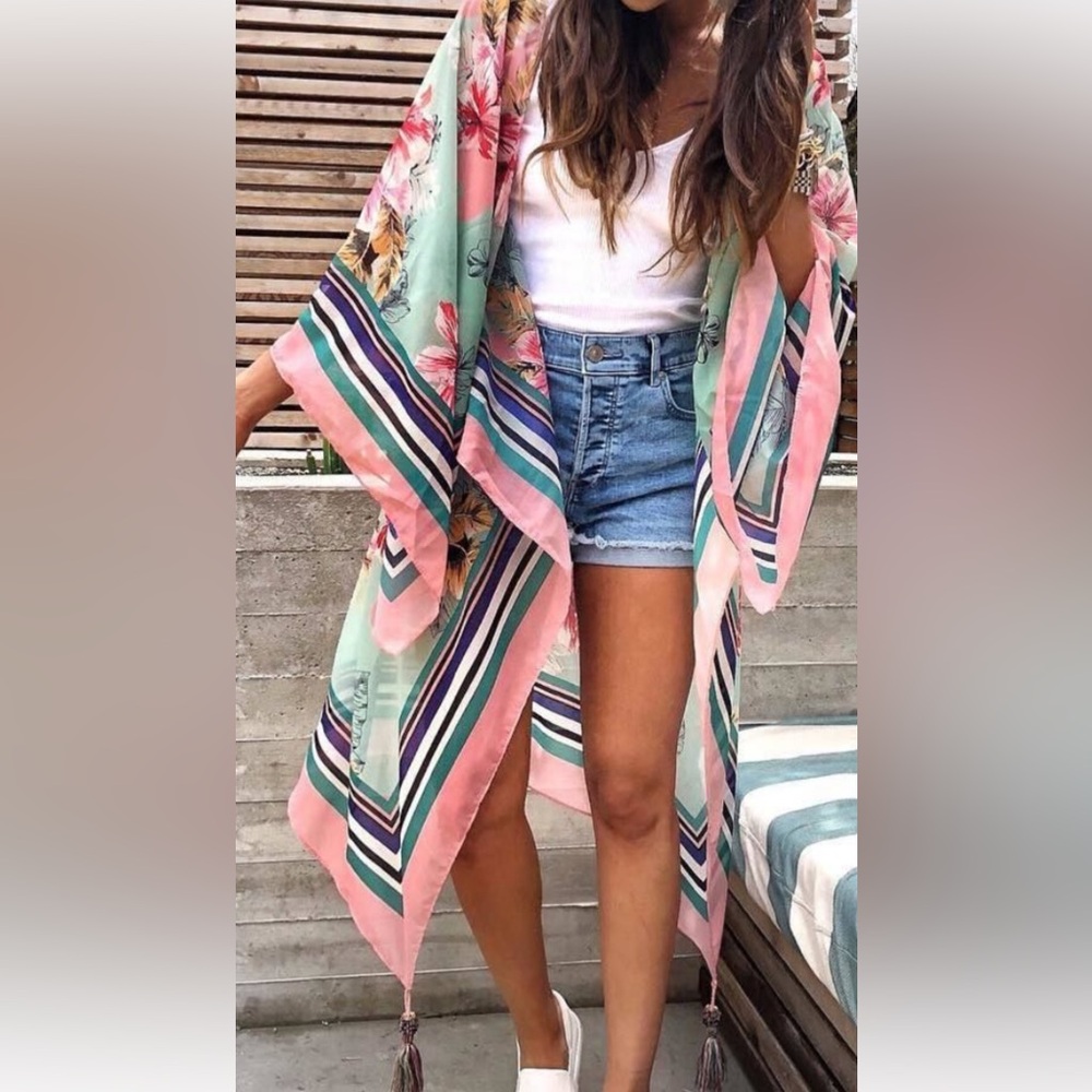 Express Teal & Pink Pastel Floral Kimono with Tassels